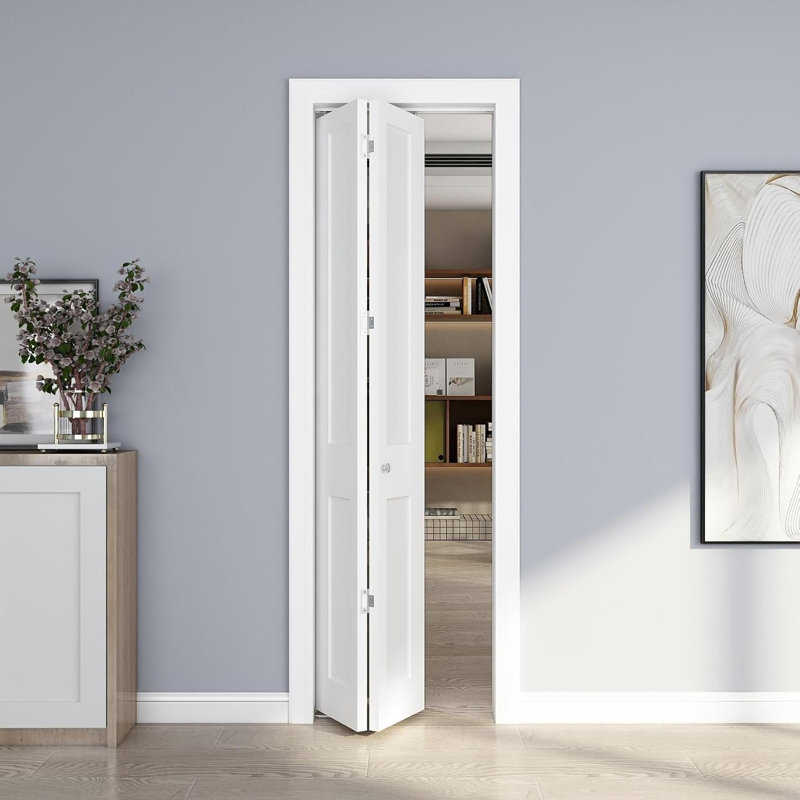 Porte de placard pliante à 2 panneaux 36 po x 80 po à 2 panneaux en composite blanc lisse apprêté avec bouton rond en nickel teinté