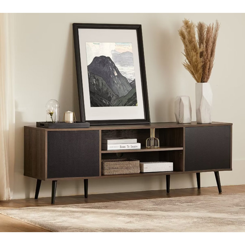 Meuble télé pour téléviseur de 65 po ou moins Brizia, Noir/brun, H 20,8 po x l 60,6 po x P 15,6 po