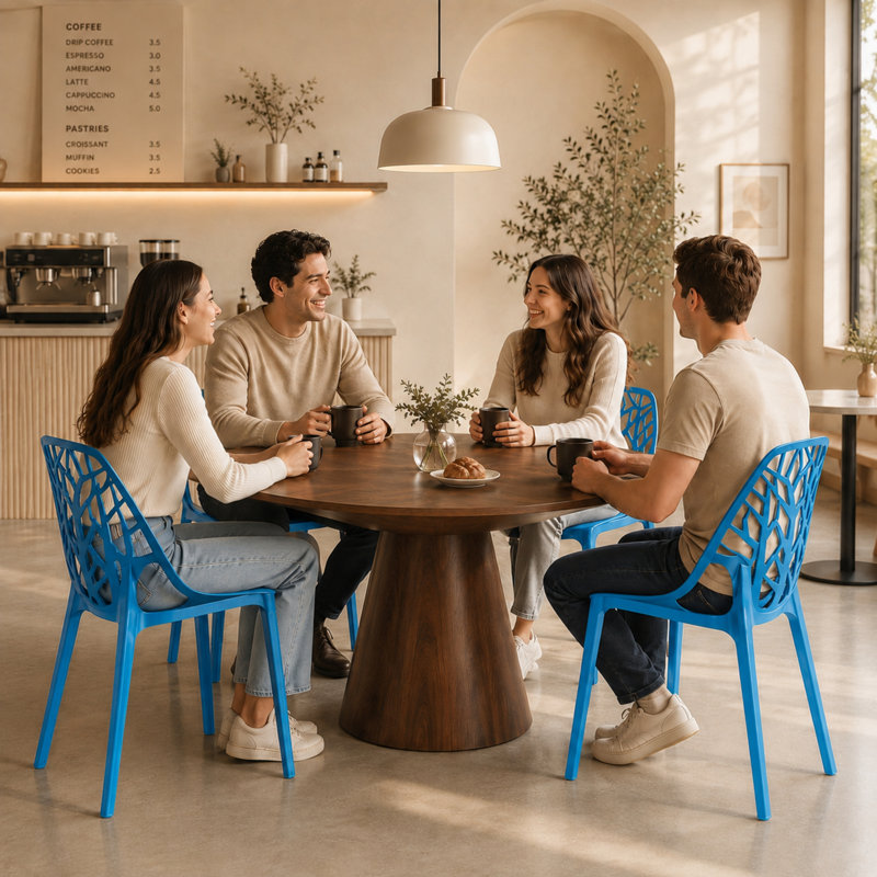 Chaise de salle à manger empilable légère pour l'intérieur et l'extérieur Edgington, Bleu uni, Ensemble de 4