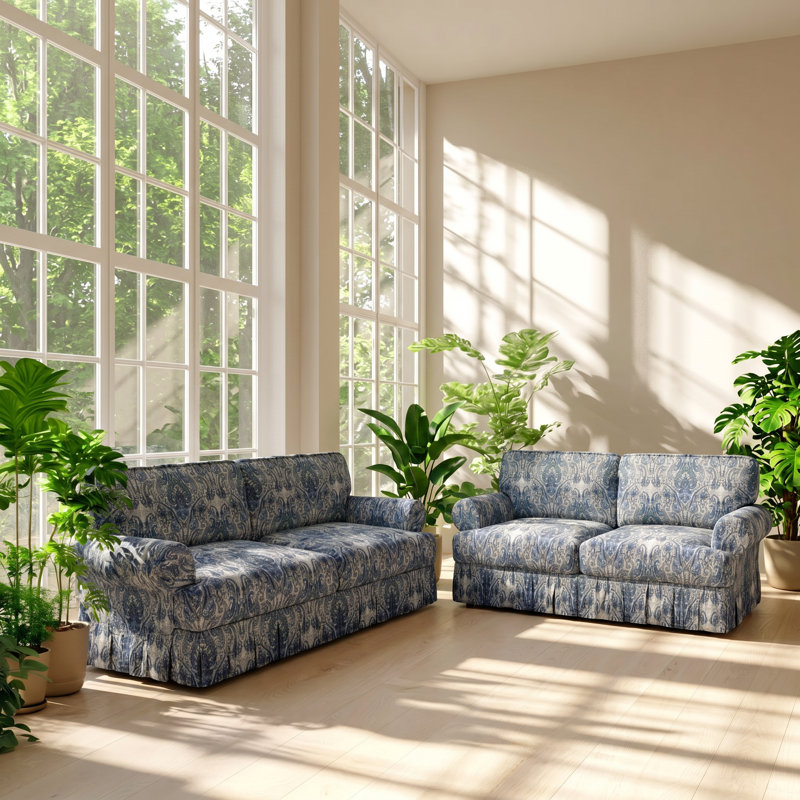 Canapé à accoudoirs roulés en tissu Oxford l 93,7 po x P 38,2 po x H 33,5 po Oxford, Blue Floral Chenille