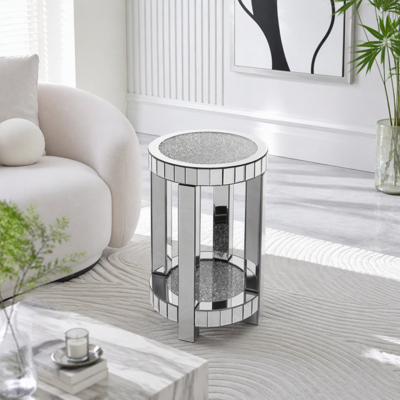 Table basse ronde miroir avec incrustations de cristal