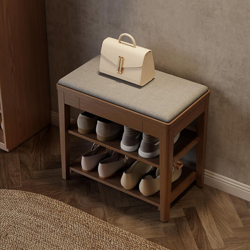 Banc de rangement à chaussures en bois massif avec coussin, étagère à chaussures à 2 niveaux et tiroir caché, noyer