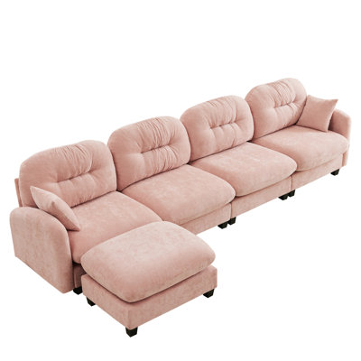 4 - Seat Pink Chenille Modular L Shaped Couch With Ergonomic Design, And Movable For Rustic Bedrooms Soft , Design