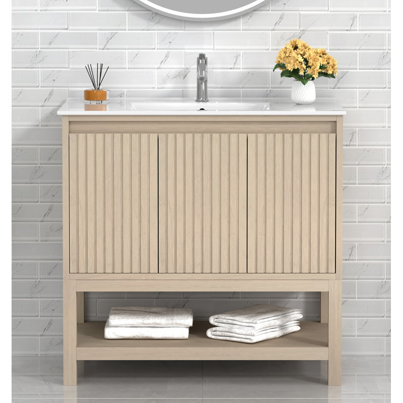 Meuble-lavabo simple 36 po avec comptoir en porcelaine Mena pré-assemblé