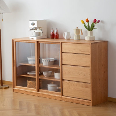 Japanese-Style Cherry Wood Glass Storage Sideboard