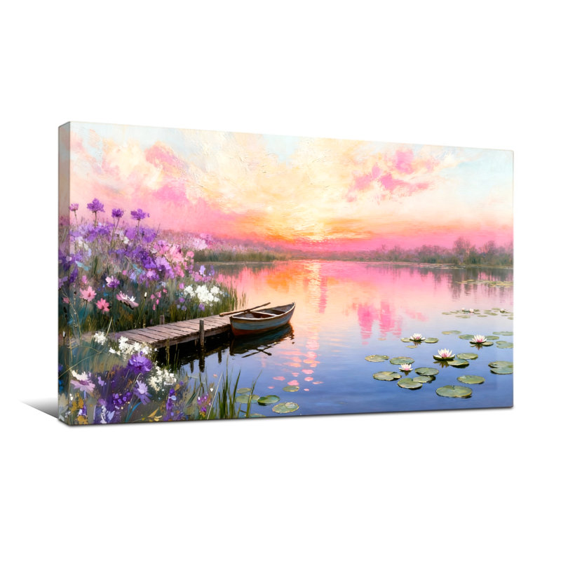 Plantes et fleurs coucher de soleil lac bateau fleurs nénuphars quai ciel, H 24 po x l 48 po