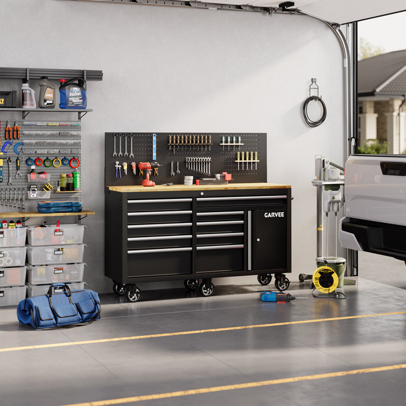  Coffre à outils roulant 60 po avec 10 tiroirs et panneau perforé, armoire à outils de garage mobile avec serrures et station de charge, établi robuste pour atelier, noir
