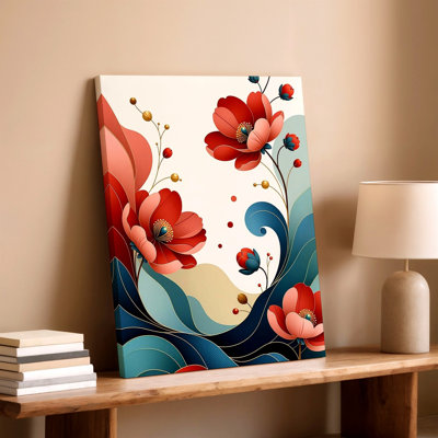 Abstrait floral rouge, fleurs roses, vagues bleues, maison moderne sur toile, impression florale botanique abstraite moderne, bleu, rose, rouge