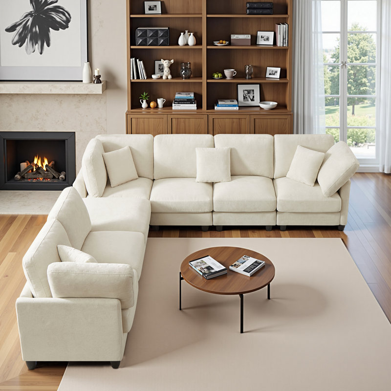 7-seater U-shaped combination upholstered sofa, Beige Velvet