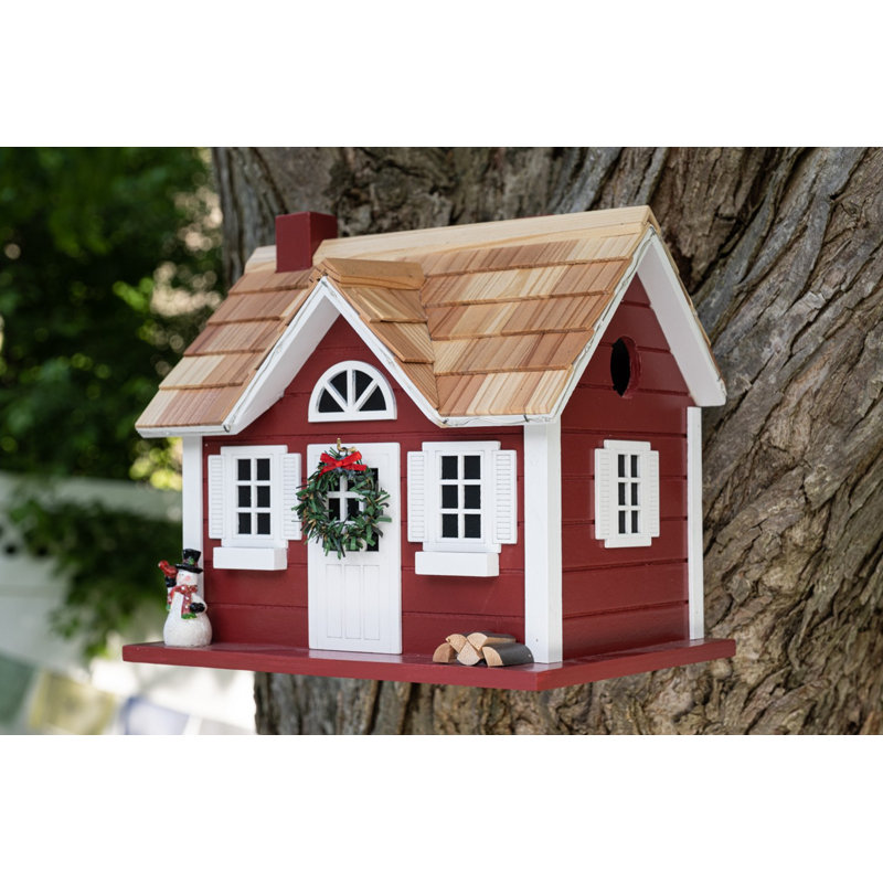 Red and White Wooden Christmas Birdhouse with LED Lights