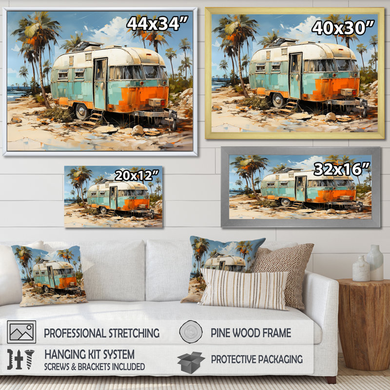 Pop art bord de mer, camping, impression sur toile, Cadre d'angle fermé noir, H 12 po x l 20 po x P 1 po