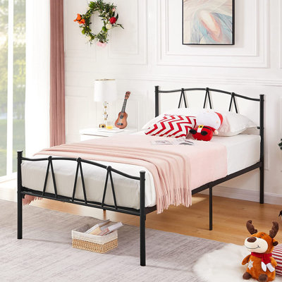 Structure de lit plateforme robuste en métal avec tête de lit simple, rangement sous le lit de 13,7 po, assemblage facile, aucun sommier tapissier requis