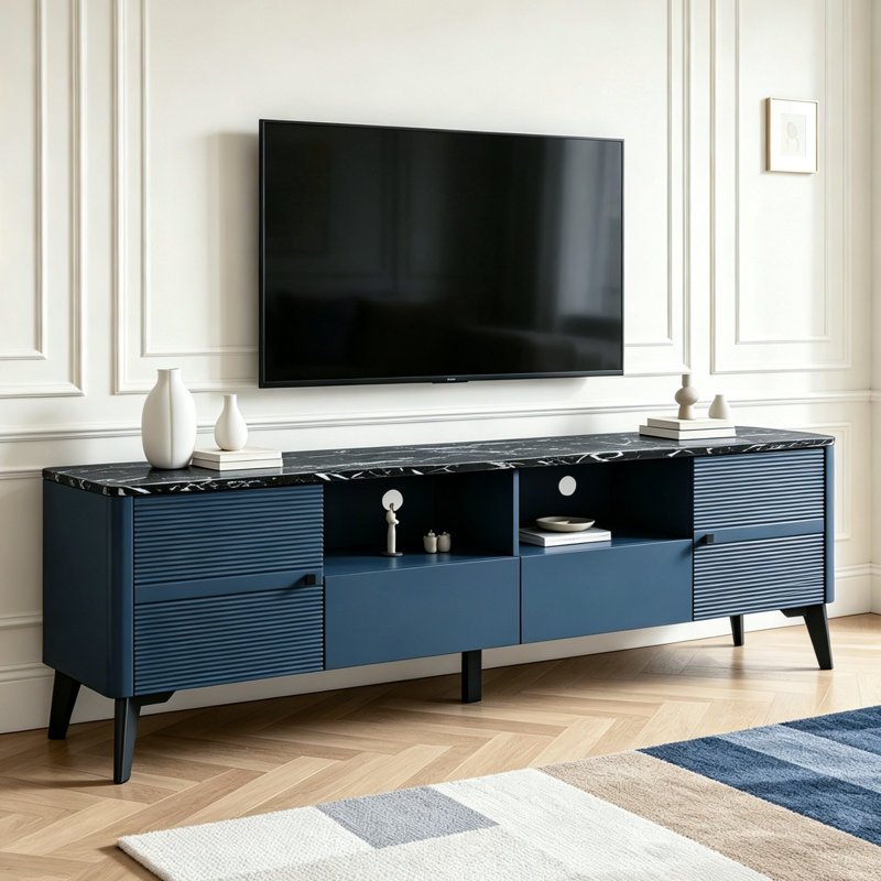 Ikesha Modern TV Stand with Faux Marble Top, 70" Media Console Storage Entertainment Center, Dark Blue