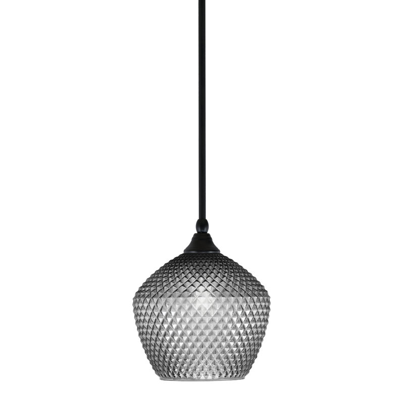 Stem Hung Mini Pendant With 9" Smoke Textured Glass, Black