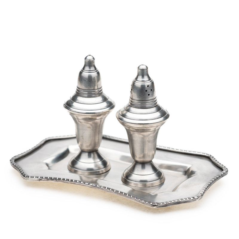 Antique Silver Salt And Pepper Set With Tray