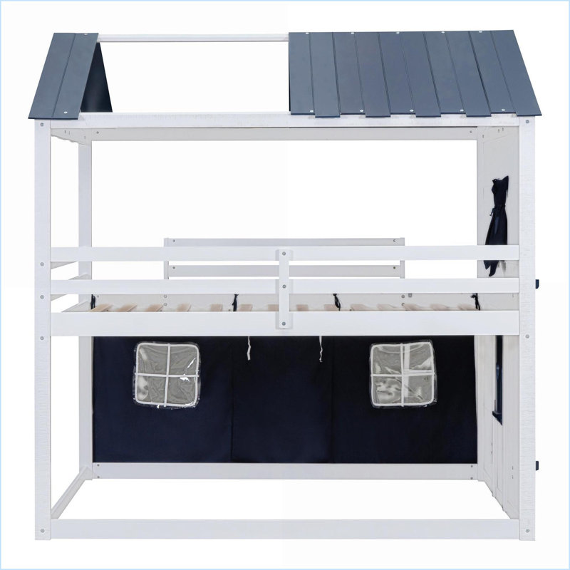 Lit double en bois de pin avec maisonnette Tente, bleu + blanc, aucun sommier nécessaire, Blanc / Bleu