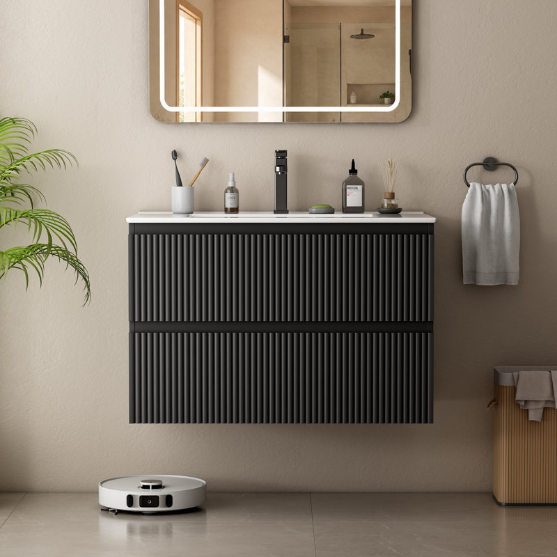 Meuble-lavabo mural simple avec lavabo en céramique et 2 tiroirs, Noir, noir, noir, noir, 31.5