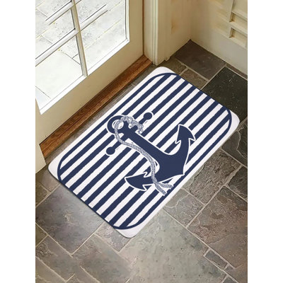 Navy Anchor & Stripe Bath Rug，16 X 24