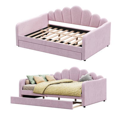 Full Upholstered Daybed with Trundle - Shell Headboard for Bedroom Elegance