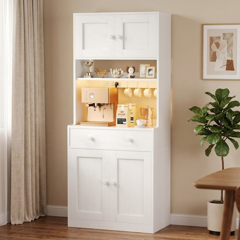Armoire de cuisine 71 po avec portes, tiroir, armoire de ferme avec prise de courant et lumière DEL 71 po, Blanc