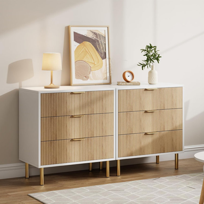 Modern 3 Drawer Wood Dresser Gold Handle for Bedroom & Entryway, ‎Natural/White