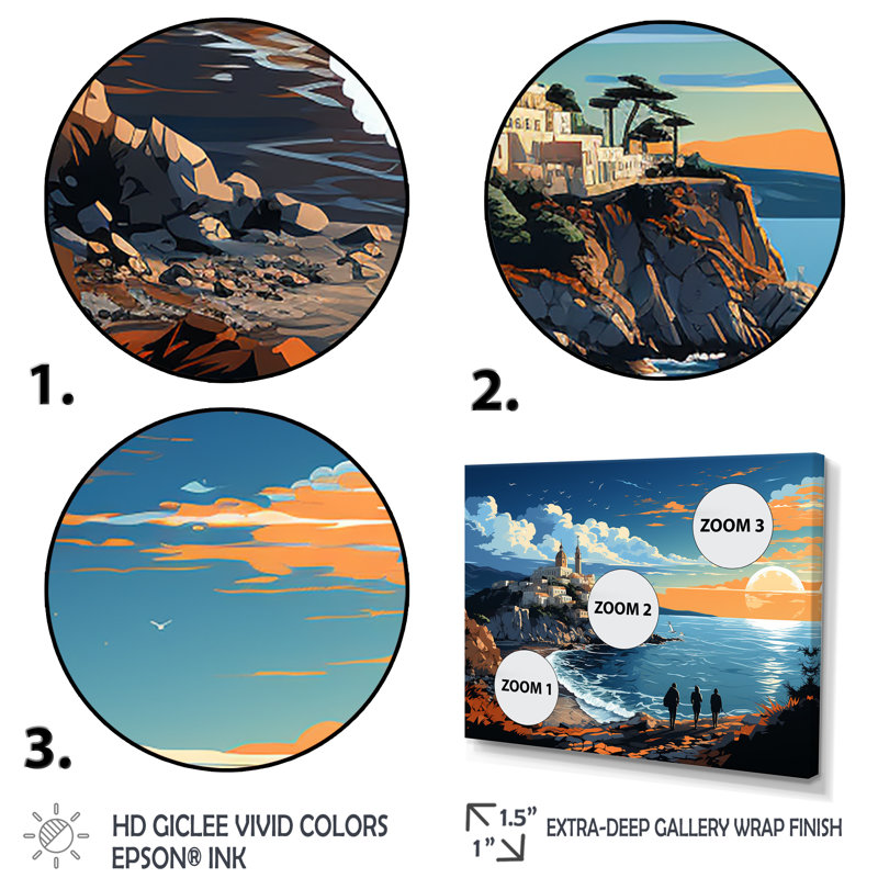 «Italian Hidden Gems Coastline Sunset II», art mural paysage italien, Cadre de coin argenté fermé