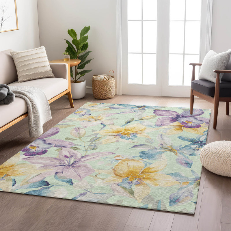 Tapis floral intérieur / extérieur lavable à la machine Jaramillo ACN2262, Rectangulaire 8 pi x 10 pi