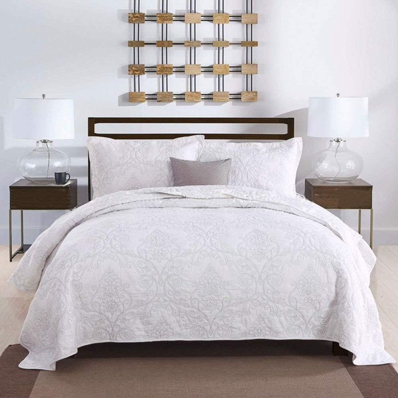 Modern & Contemporary Cotton Sateen Damask Quilt, King Quilt + 2 Shams