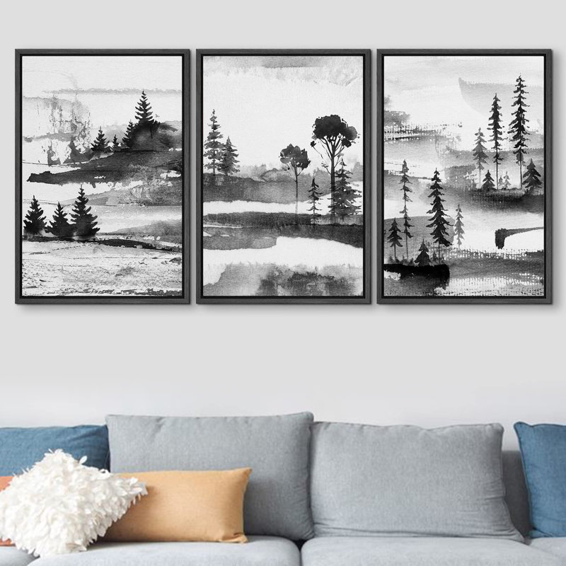 "Forêt de montagne pastel noire et grise, paysage abstrait, art numérique moderne, décoration rustique" - 3 pièces, Noir