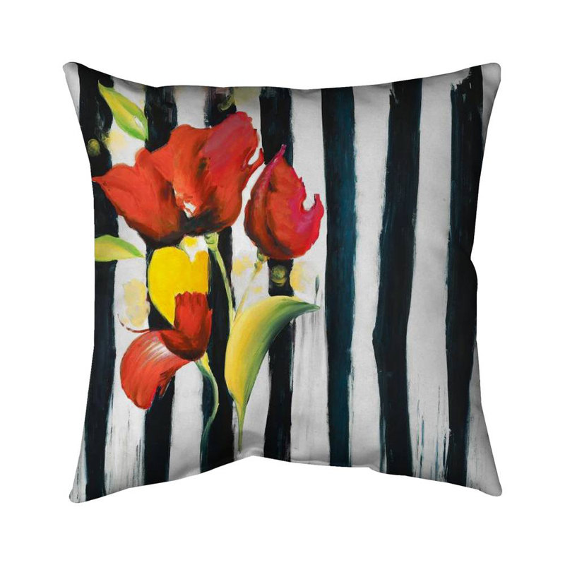 Red flowers on stripes - 26"x26" Throw pillow - Poly twill - Print on demand, Red/Green/Black, 26" H x 26" W
