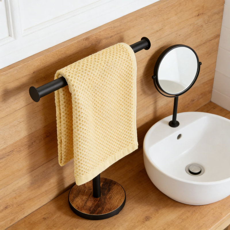 Porte-serviettes autoportant pour comptoir de salle de bain et de cuisine, porte-serviettes à base en bois lesté avec design rustique, aucune installation requise