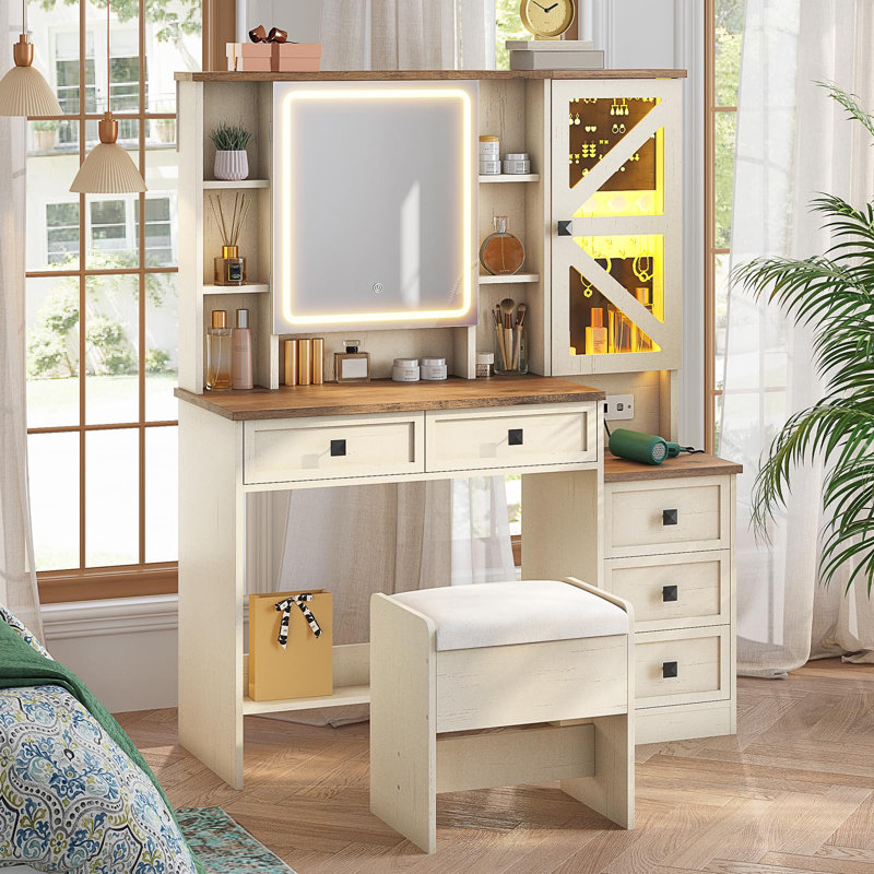 Ensemble de coiffeuse blanche avec lumières, miroir et tabouret de rangement pour coiffeuse, Blanc