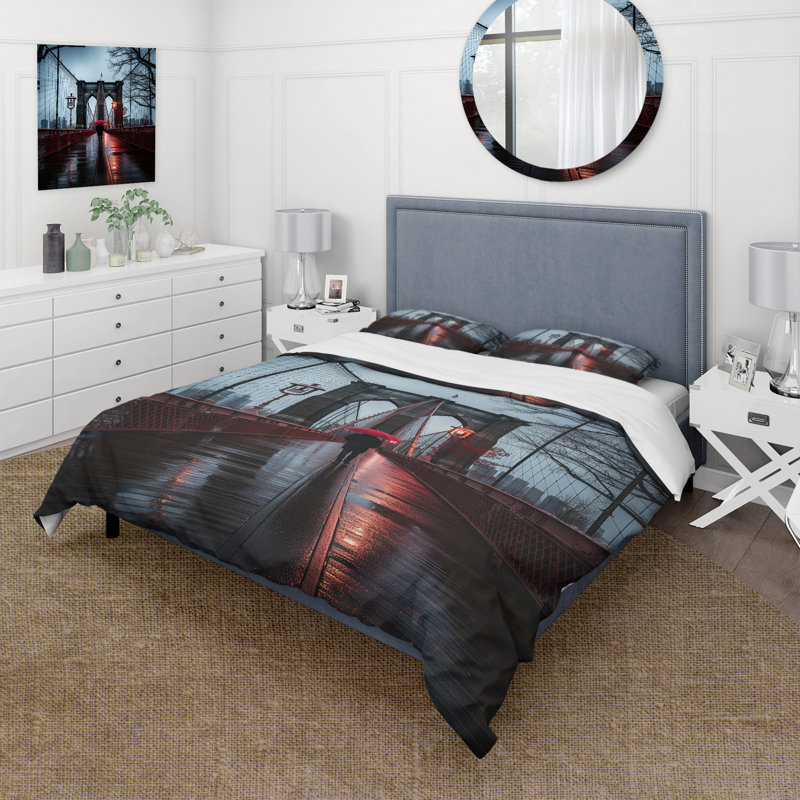 Ensemble de housse de couette New York Brooklyn Bridge I - rouge et gris - microfibre de polyester