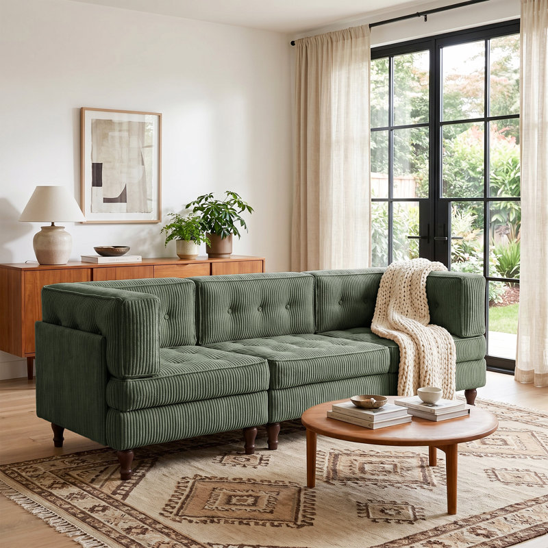 3 - Piece Upholstered Green Tufted Corduroy Modular Sectional with Pillow Back, Green, 3, 31.8" H x 97.9" W x 32.6" D