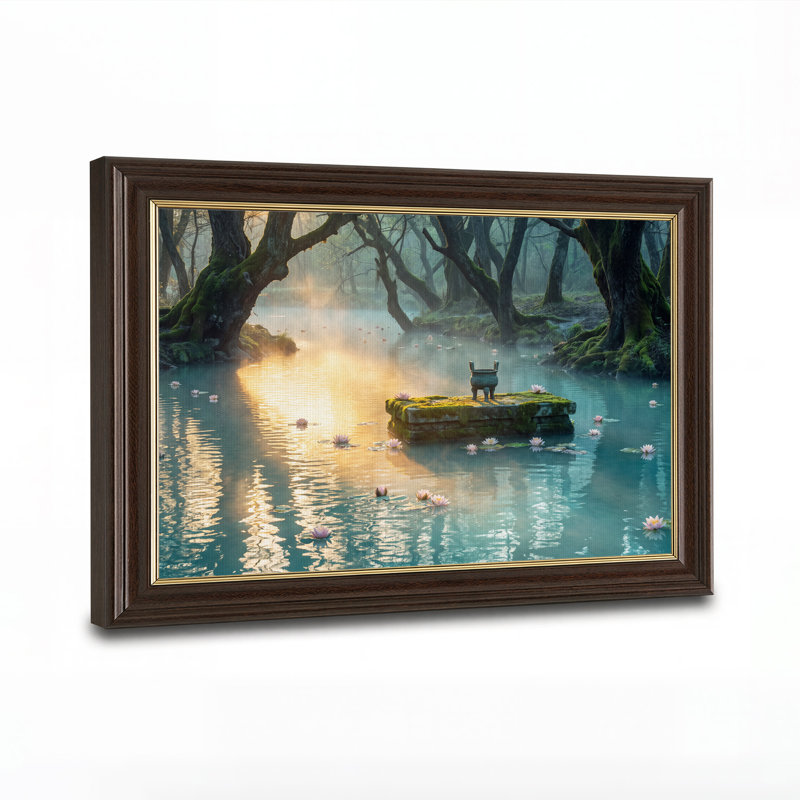 Tableau sur toile représentant un étang brumeux avec des fleurs de lotus et un pot en bronze, 12"H x 18"W
