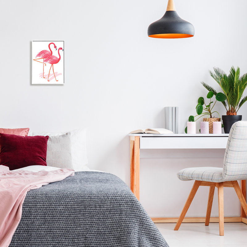 Tropical Pink Flamingo Pair Bird Canvas Print with White Frame