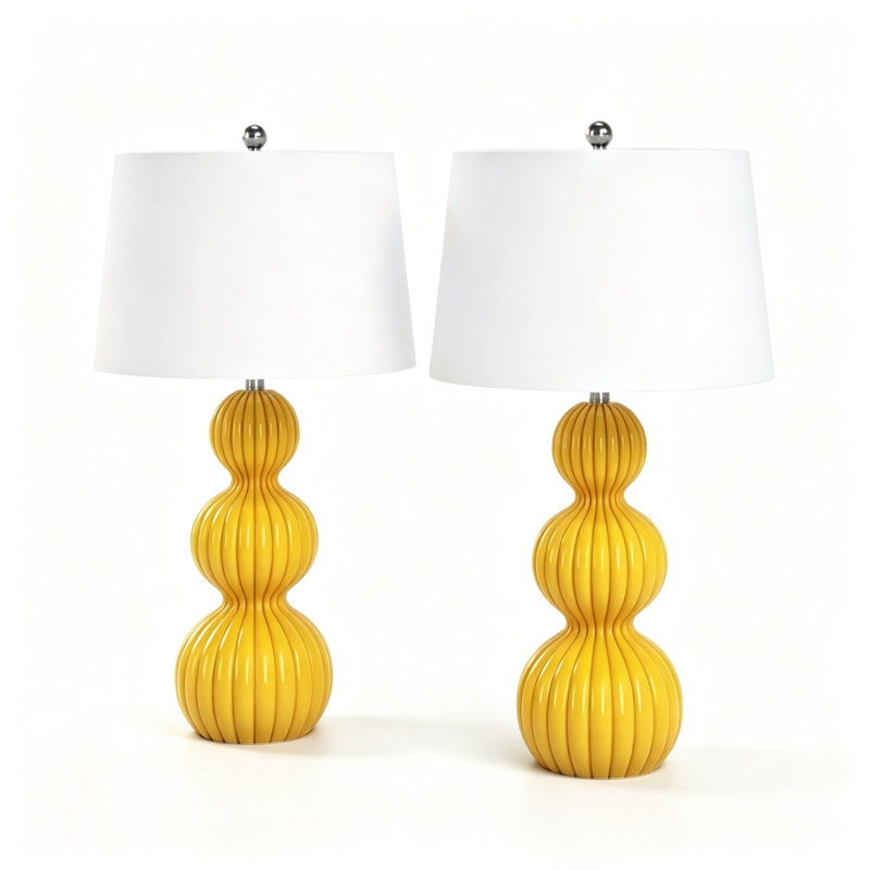 Ensemble de 2 lampes de table modernes en céramique jaune de 70,5 cm de hauteur, lampes de chevet en forme de gourde triple avec interrupteur à 3 positions pour chambre et salon.