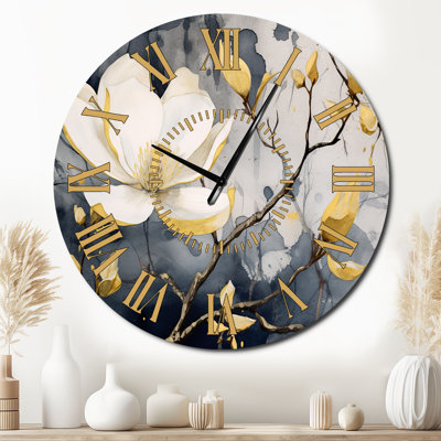Yellow Grey Magnolias Nature Elegance III - Floral Golden Face Wall Clock