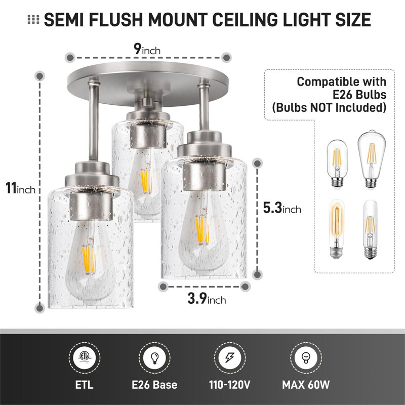 3-Light Semi Flush Mount Ceiling Light, 9 Inch Brush Nickel Close To Ceiling Light Fixtures With Seeded Glass Shades, Modern Ceiling Lighting For Kitchen, Bedroom, Entryway, ETL Listed