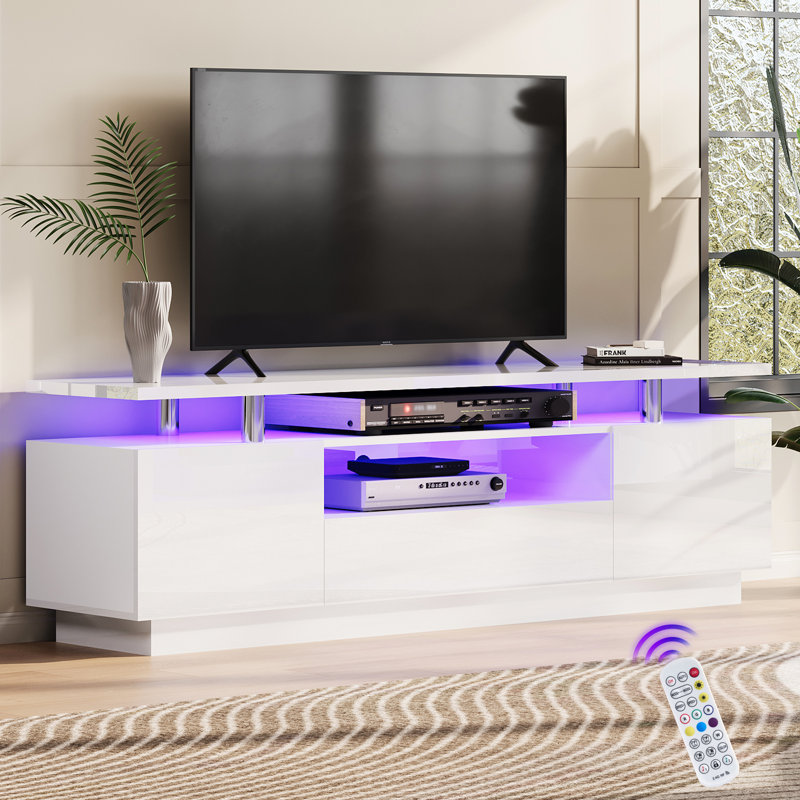 Bhhatu 70" High Gloss 2 Tier TV Stand With LED Light，Storage Cabinet & Open Shelf, White