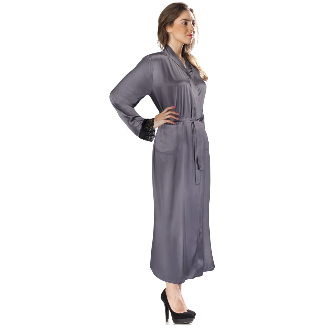 SILK ROBE W/ BLACK LACE GRAY Barska