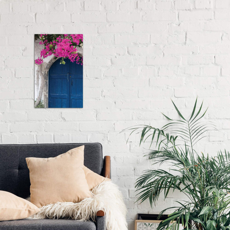 Greece, Santorini Weathered Blue Door Is Framed By Bright Pink Bougainvillea Blossoms - Print on Canvas, No Frame