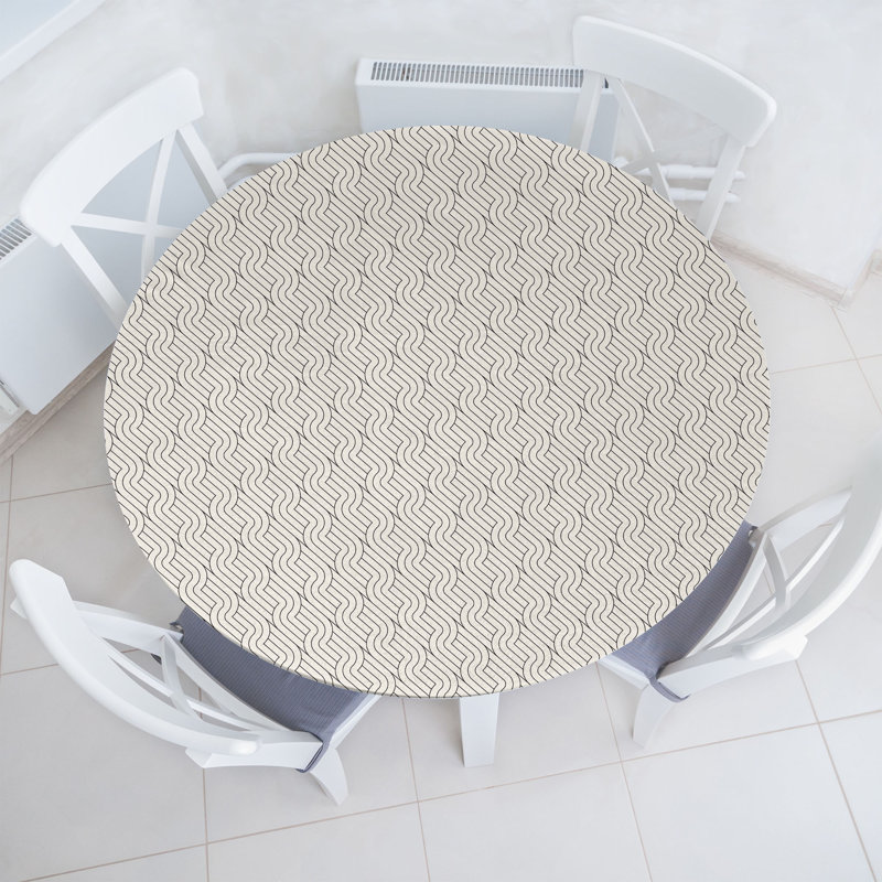 Ebern Designs Abstract Fitted Round Tablecloth Dark Grey and Eggshell, 51.97" Round