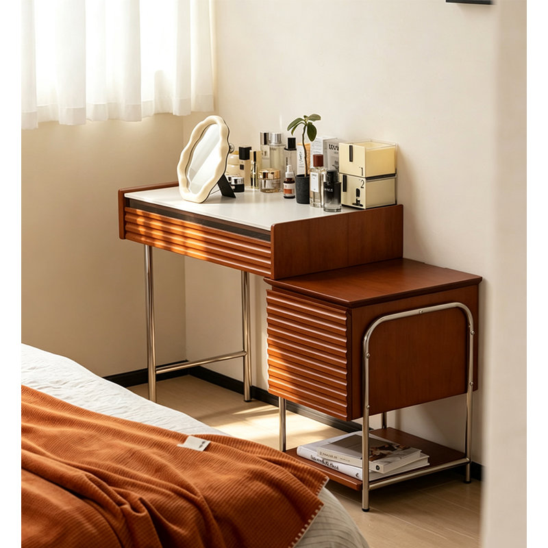 Mid Century Vanity Table With Extendable Side Storage Cabinet