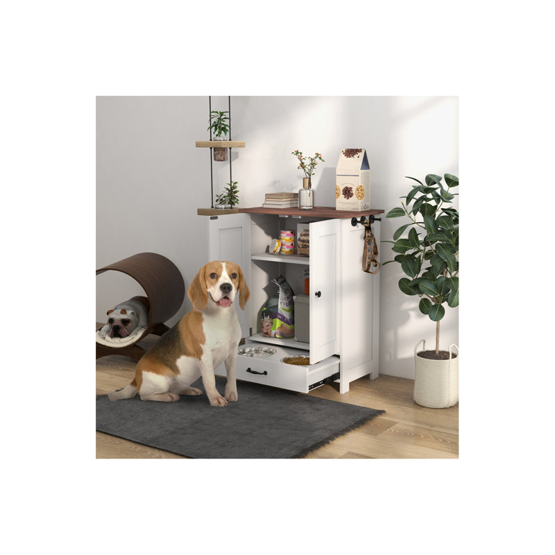Station d'alimentation pour chien, armoire de rangement pour nourriture pour chien avec bols cachés pour chien, panneau réglable, crochets pour chiens de taille moyenne