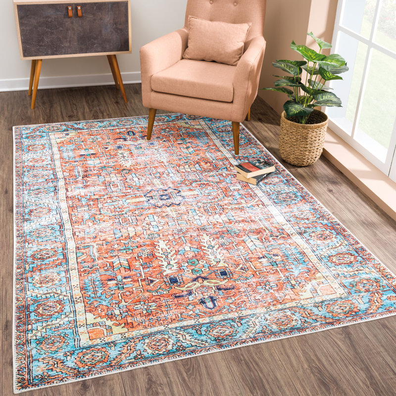 Tapis traditionnel lavable antidérapant - orange / bleu Tapis pour entrée, couloir, salle de bain et cuisine - Fike
