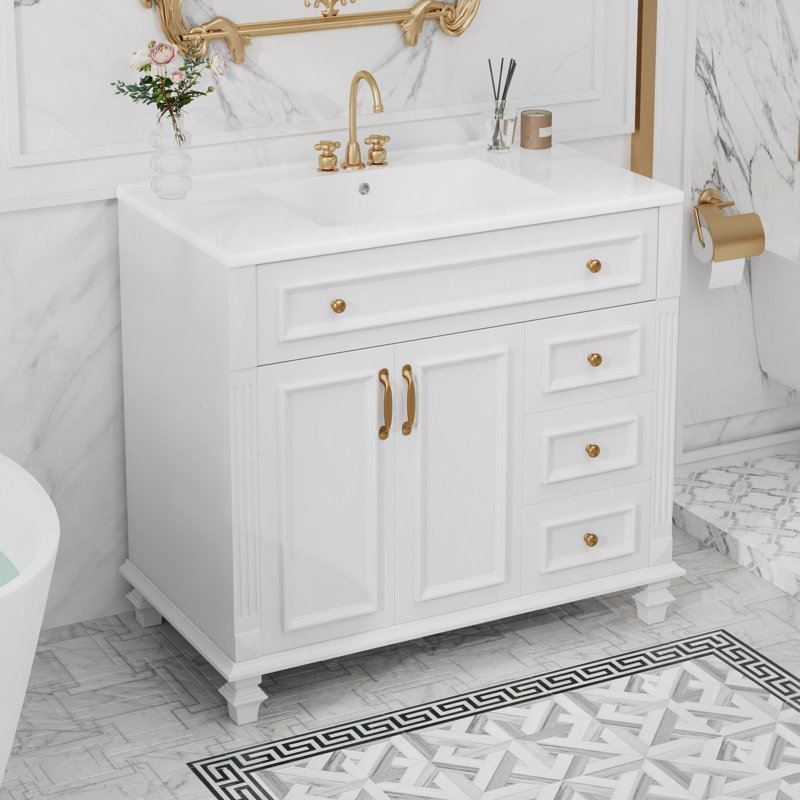 Meuble-lavabo de 36 po avec lavabo, meuble-lavabo blanc avec tiroir rabattable, 3 tiroirs, 2 portes à fermeture en douceur, bois massif et panneau de fibres à densité moyenne