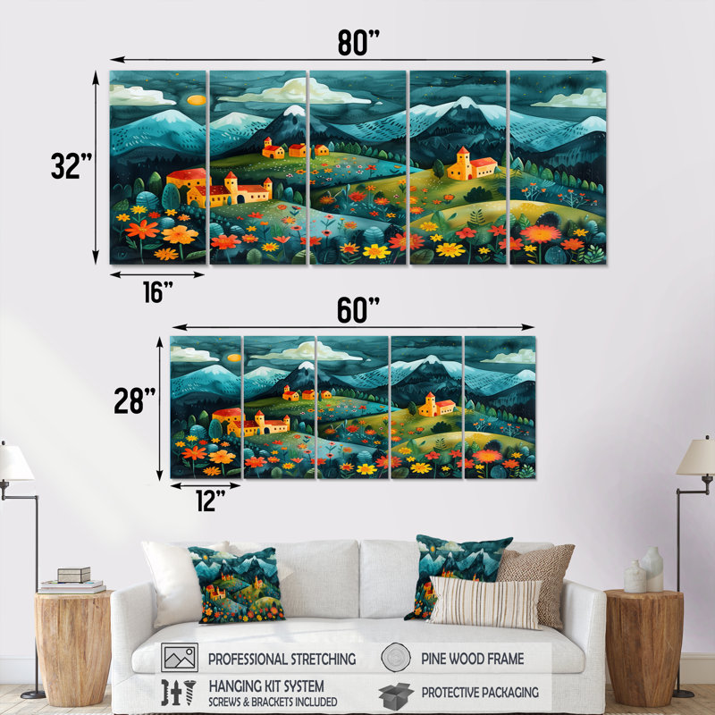 «Blue Red Summer Mountain Village Dream», ensemble d'art mural, H 28 po x l 60 po