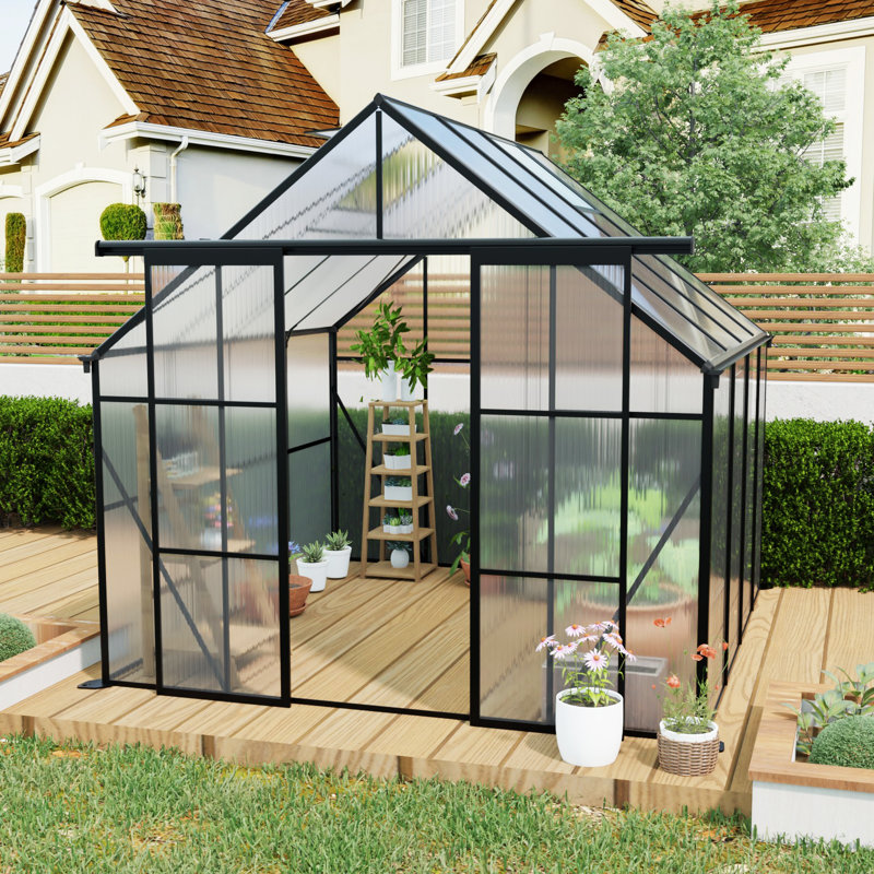 8x8 Polycarbonate Greenhouse With Double Door For Outdoor Backyard Black