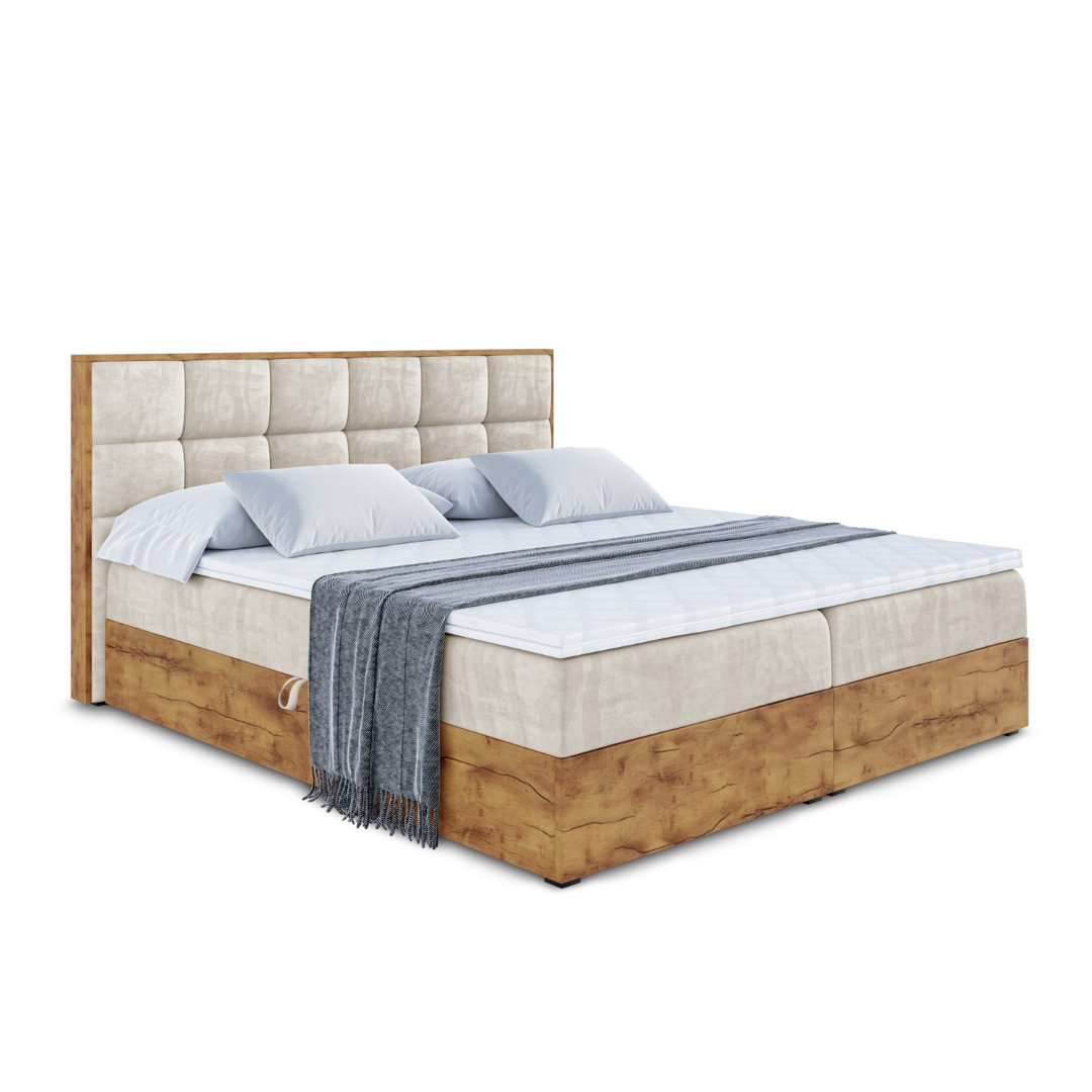 Boxspringbett in Holzoptik mit H3 Bonell-Federkernmatratze, Topper und Bettkasten